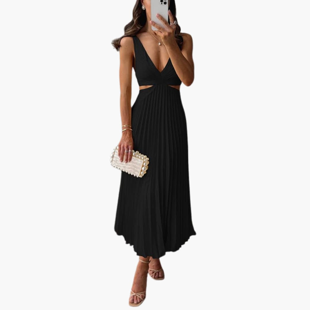 Morgan & Brooke | Ivory Pleated Neckline A-Line Crepe Dress