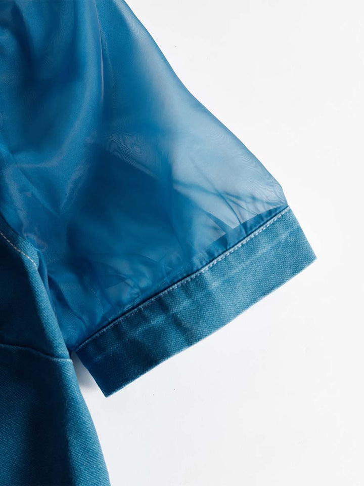 Morgan & Brooke | V-Neck Short-Sleeved Organza Blue Denim Dress