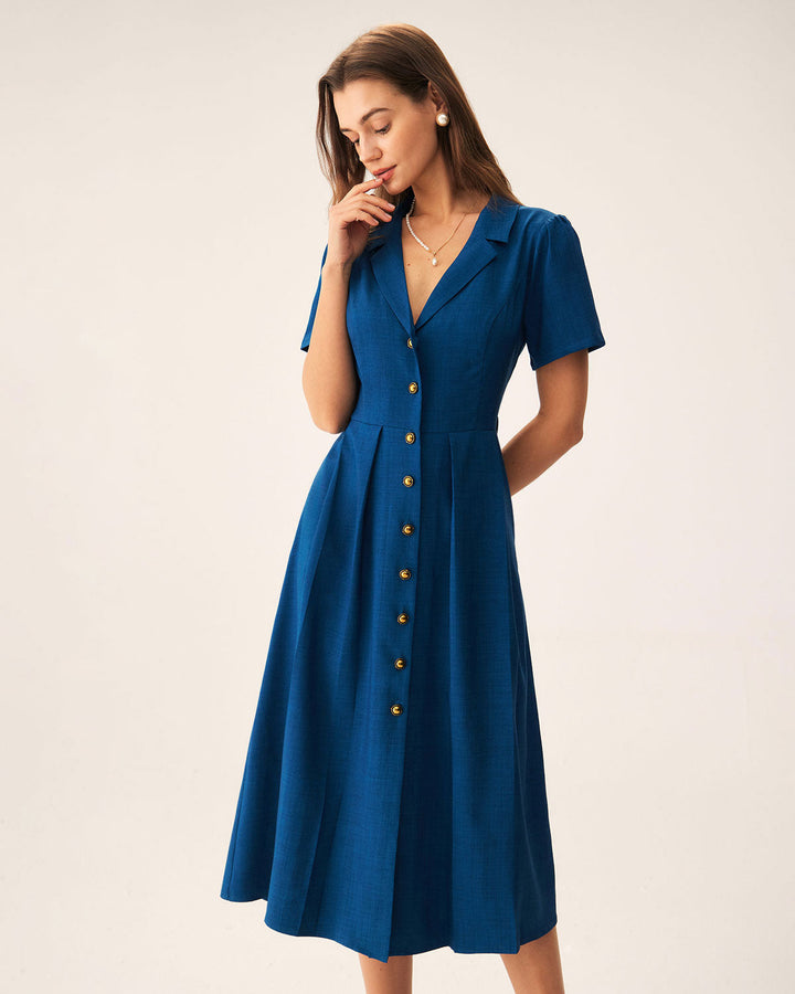 Morgan and Brooke | V Neck Pleated Button Midi Dress, Blue