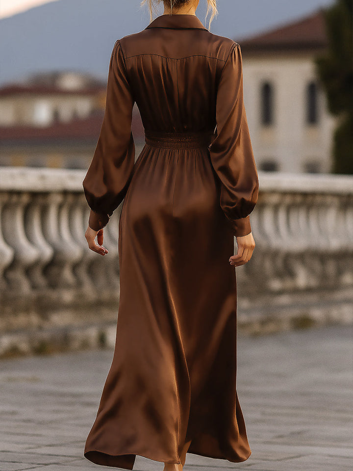 Morgan & Brooke | Mocha Brown Cinched-Waist Satin Maxi Dress