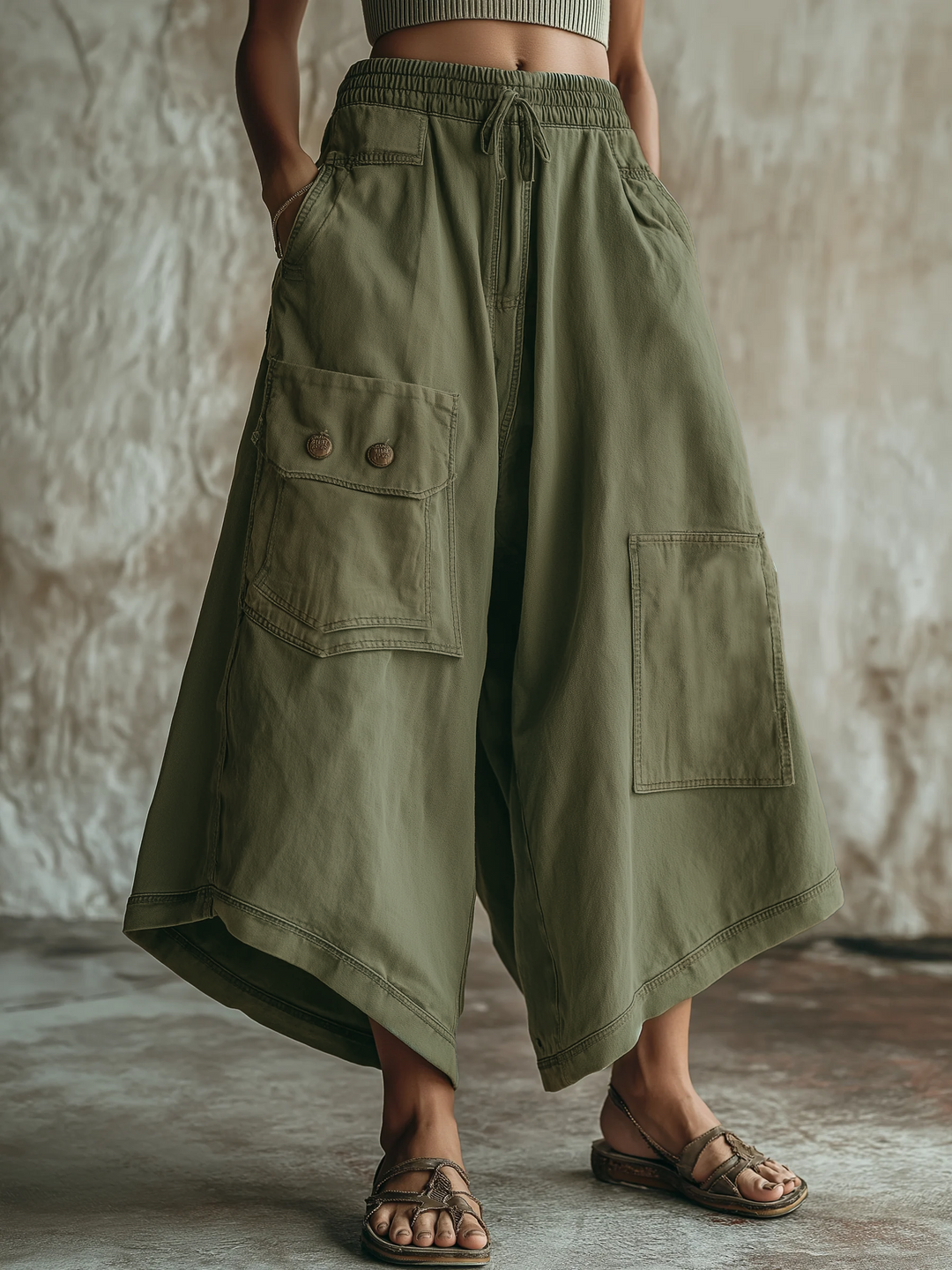 Morgan & Brooke | Olive Green Utility Wide-Leg Denim Culottes