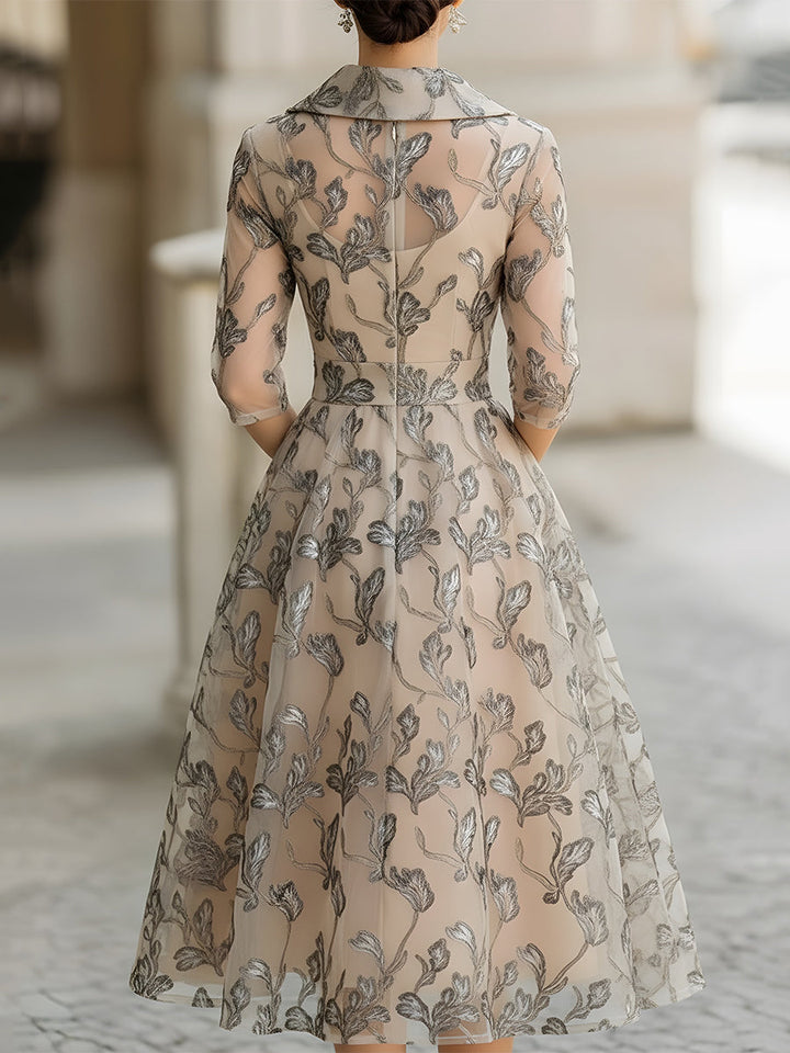 Morgan & Brooke | Ivory Metallic-Leaf Embroidery Midi Mesh Dress