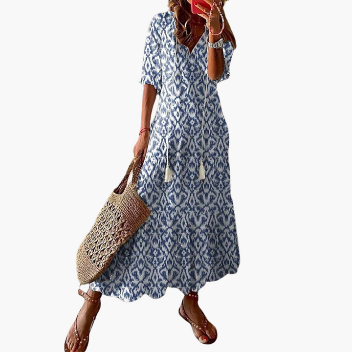 Morgan & Brooke | Neutral V-Neck Flowy Dress