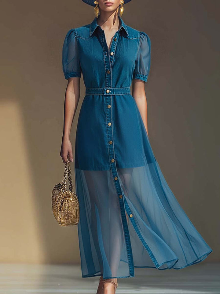 Morgan & Brooke | V-Neck Short-Sleeved Organza Blue Denim Dress