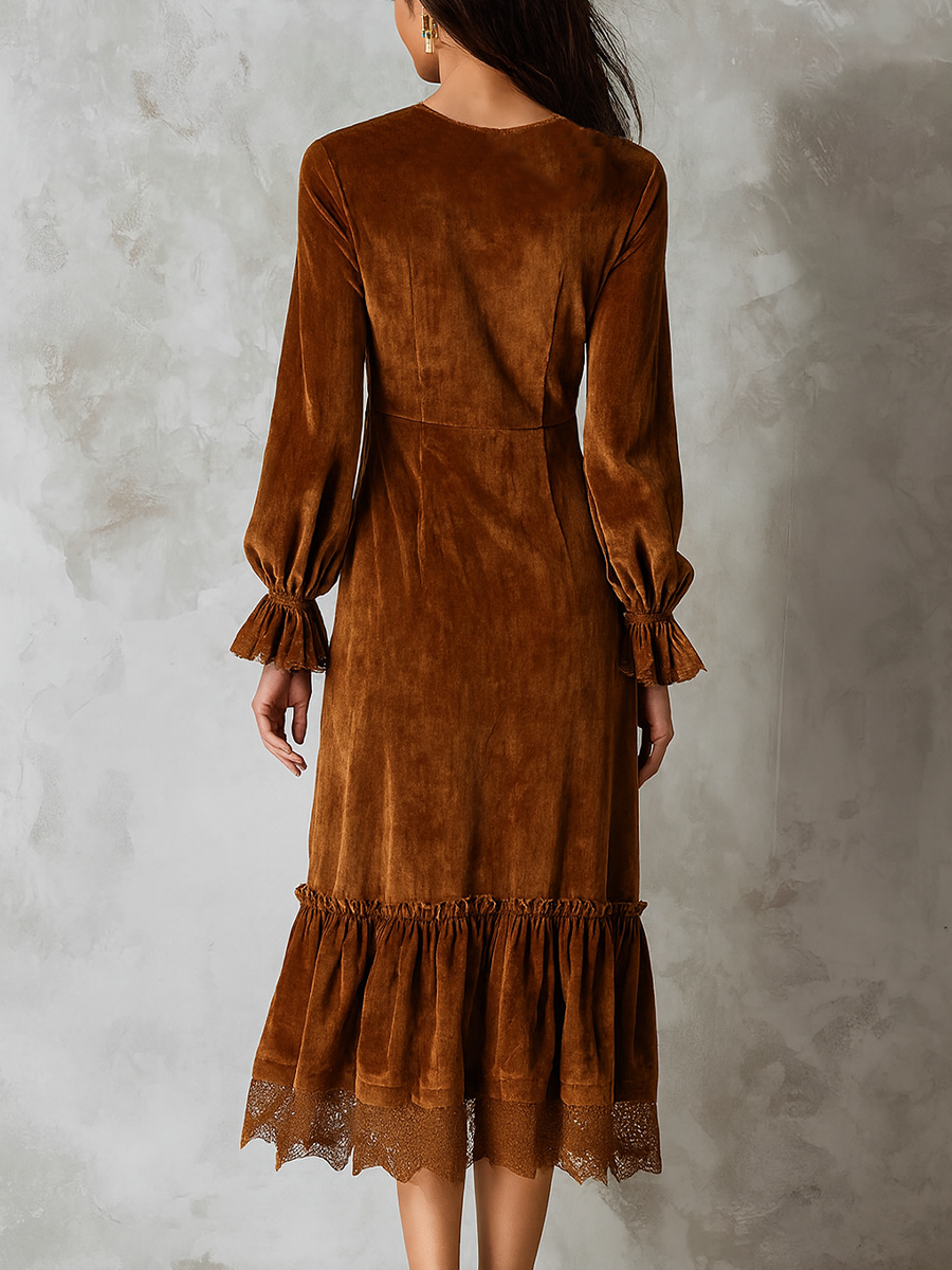 Morgan & Brooke | Retro Ruffle Neck Lace Trim Dress