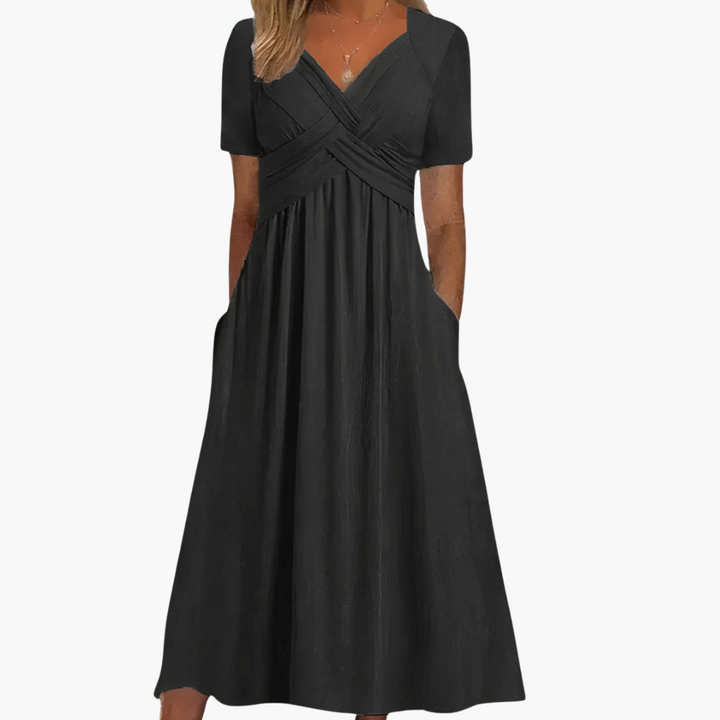 Morgan & Brooke | Black V-Neck A-Line Stretch Jersey Dress