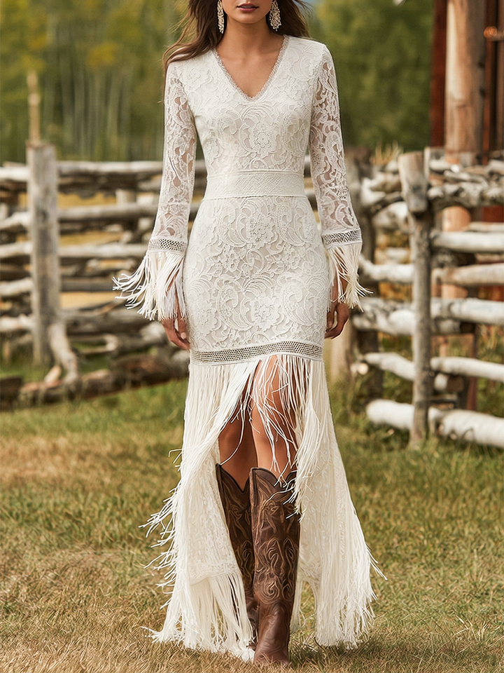 Morgan & Brooke | White Lace V-Neck Evening Dress