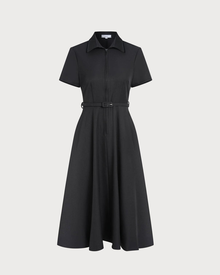 Morgan and Brooke | A-Line Belted Midi Dress for Women in Black