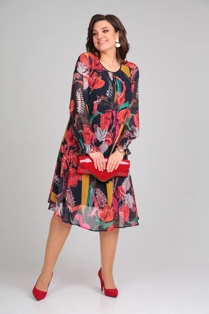 Morgan & Brooke | Multi-Color Floral Print Midi Lightweight Fabric Dress
