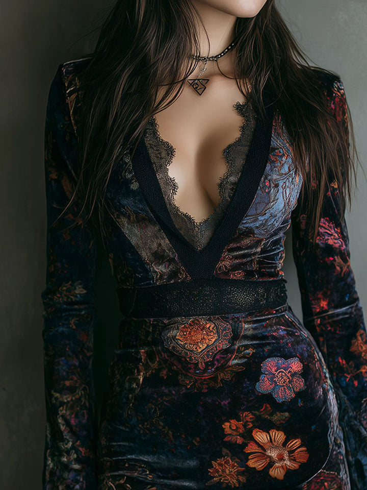 Morgan & Brooke | Boho Floral Print V-Neck Velvet Dress