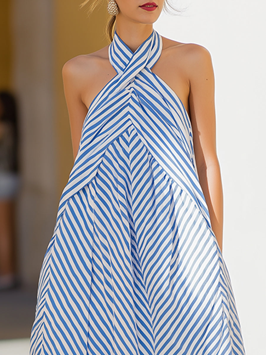 Morgan & Brooke | Navy-White Striped Halter Neck Cotton Maxi Dress