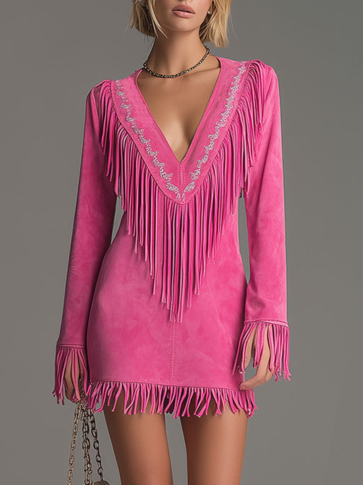 Morgan & Brooke | Red Faux Suede Tassel Western Dress