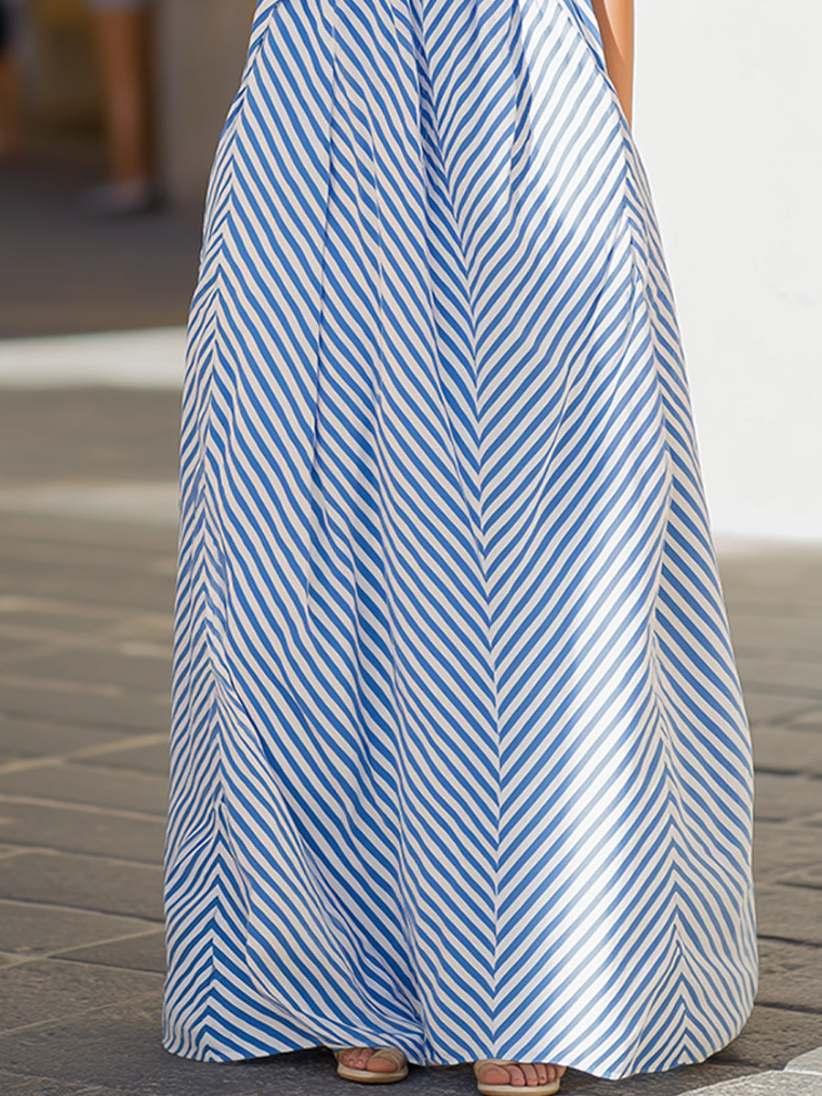 Morgan & Brooke | Navy-White Striped Halter Neck Cotton Maxi Dress