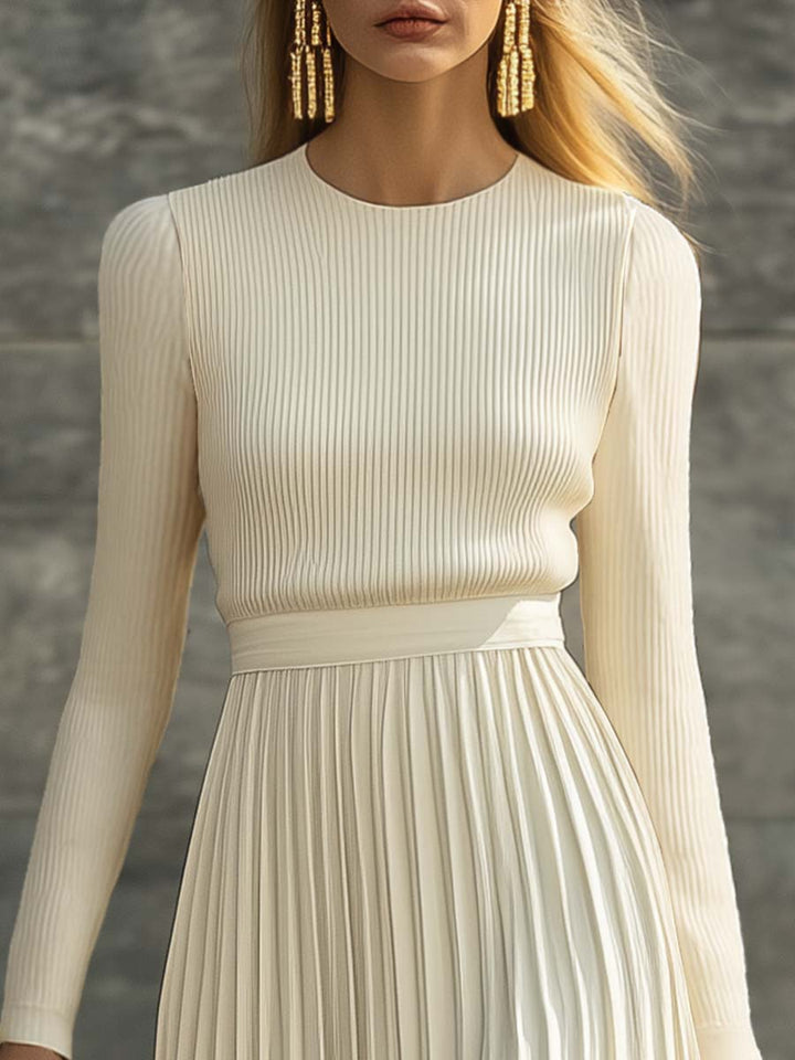 Morgan & Brooke | Cream Satin Pleated Casual Dress
