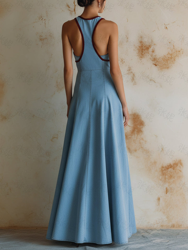 Morgan & Brooke | Light Wash Halter Neck, Burgundy Trim Denim Maxi Dress