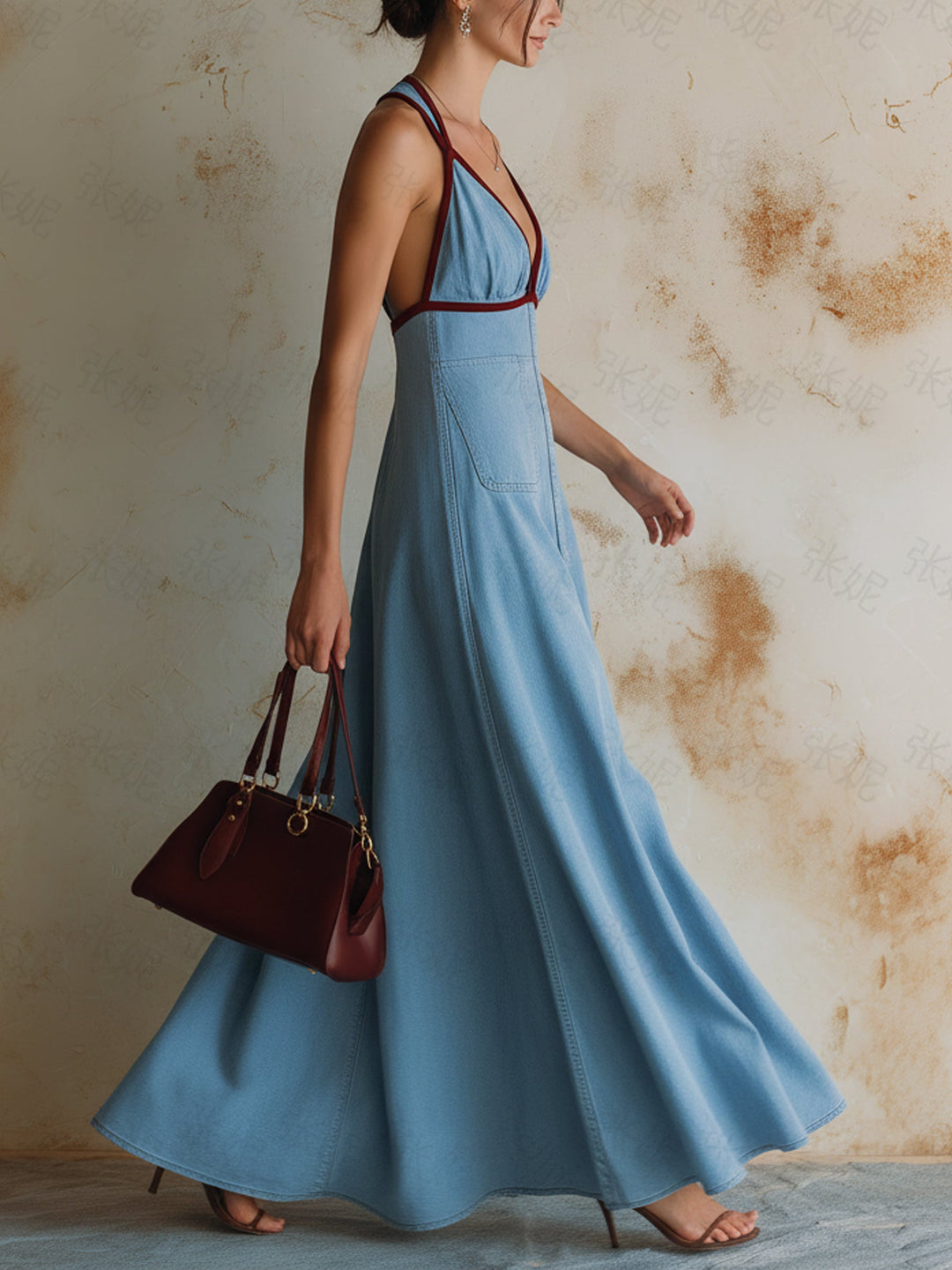 Morgan & Brooke | Light Wash Halter Neck, Burgundy Trim Denim Maxi Dress