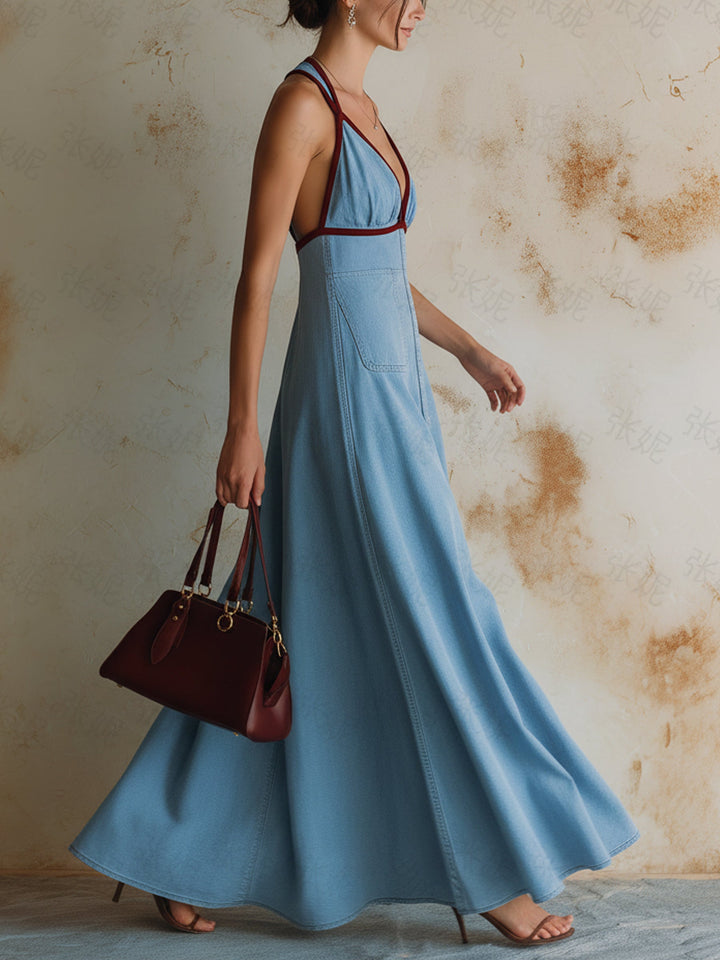 Morgan & Brooke | Light Wash Halter Neck, Burgundy Trim Denim Maxi Dress