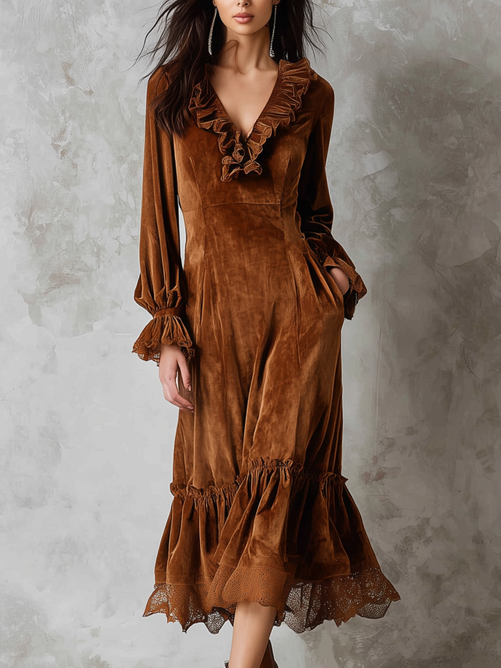 Morgan & Brooke | Retro Ruffle Neck Lace Trim Dress