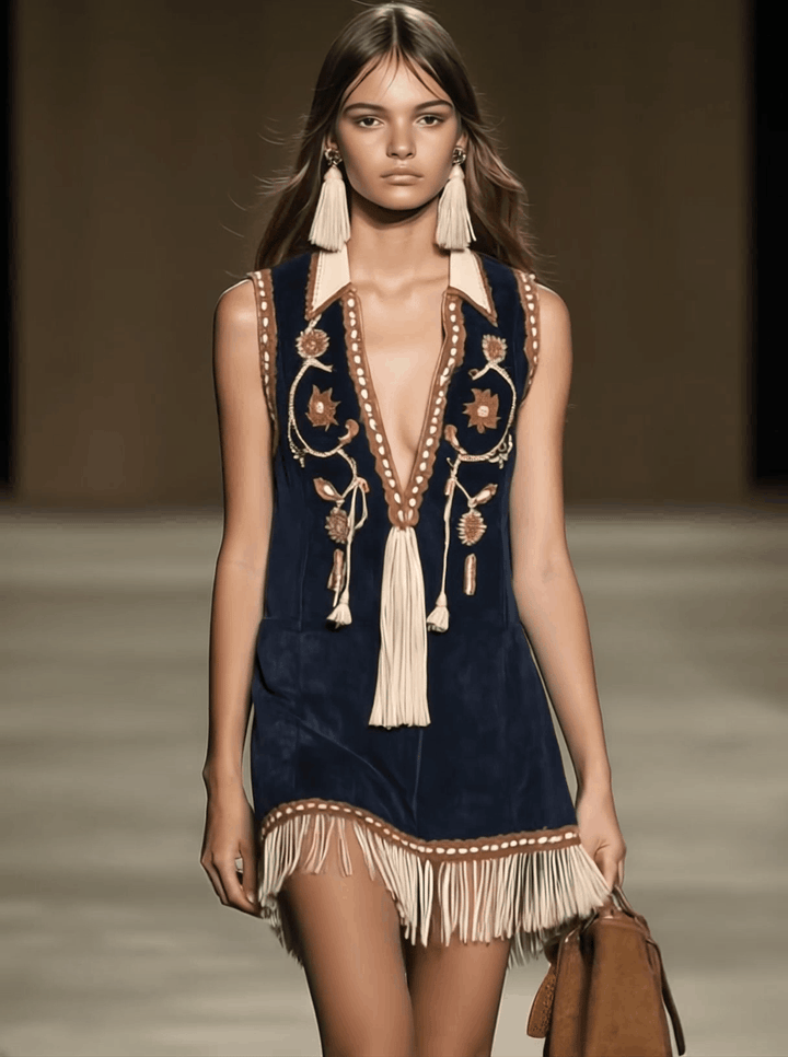 Morgan & Brooke | Red Faux Suede Tassel Western Dress