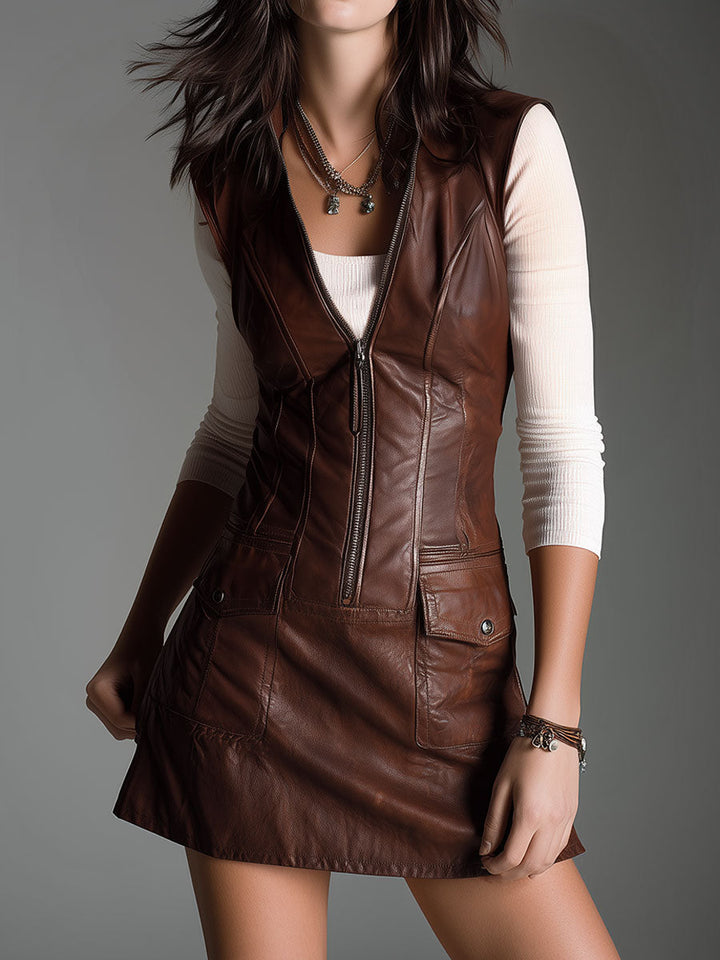 Morgan & Brooke | Brown Eco Leather Zip-Front Dress