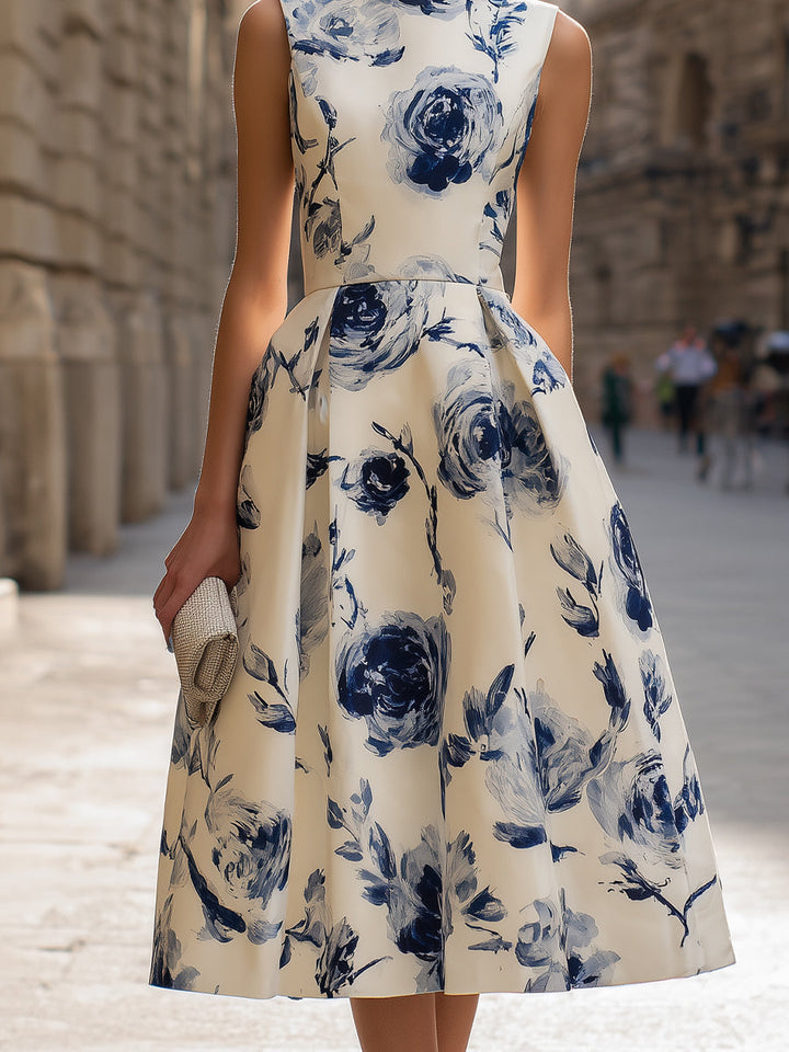 Morgan & Brooke | Floral Sleeveless A-Line Cotton-Blend Midi Dress
