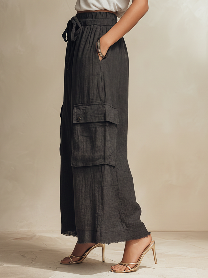 Morgan & Brooke | Dark Gray Cargo Wide-Leg Denim Pants