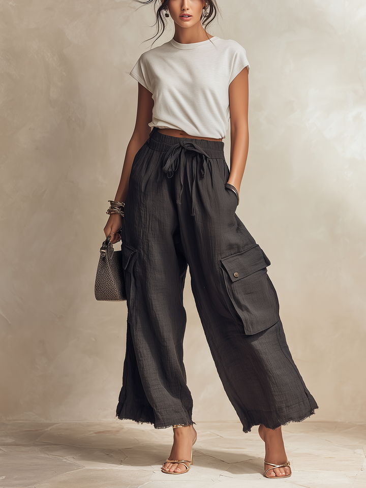 Morgan & Brooke | Dark Gray Cargo Wide-Leg Denim Pants
