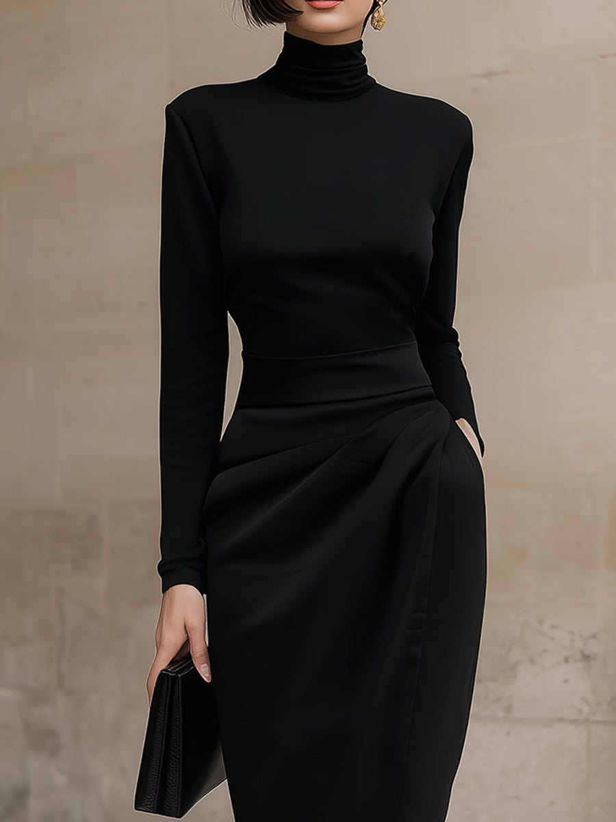 Morgan & Brooke | Black Turtleneck Draped Midi Dress