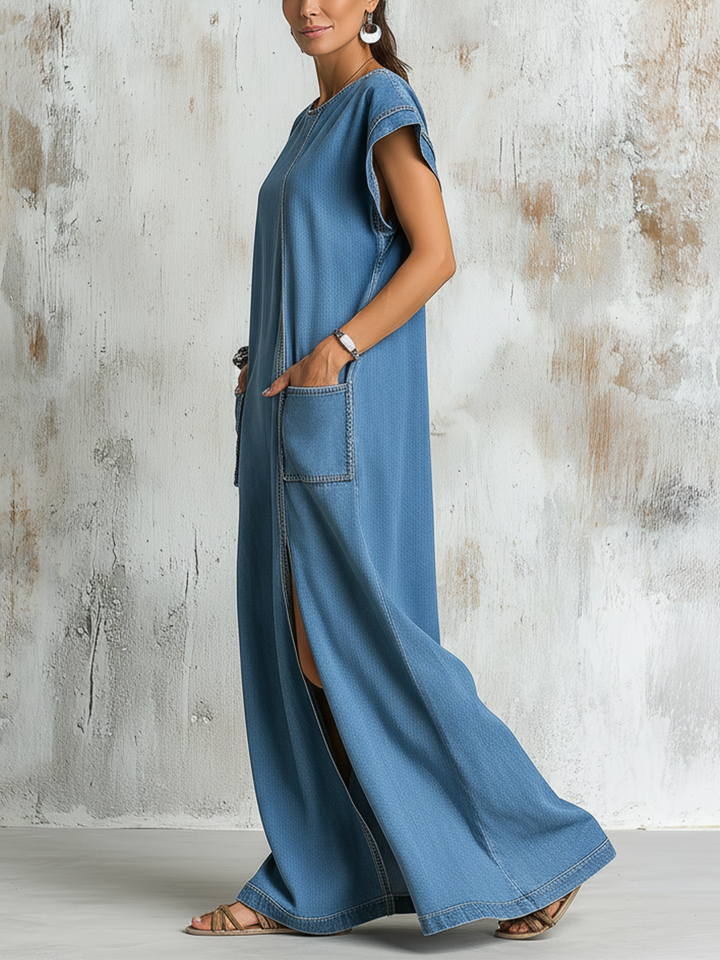 Morgan & Brooke | Blue Loose-Fit Contrast-Stitch Denim Dress