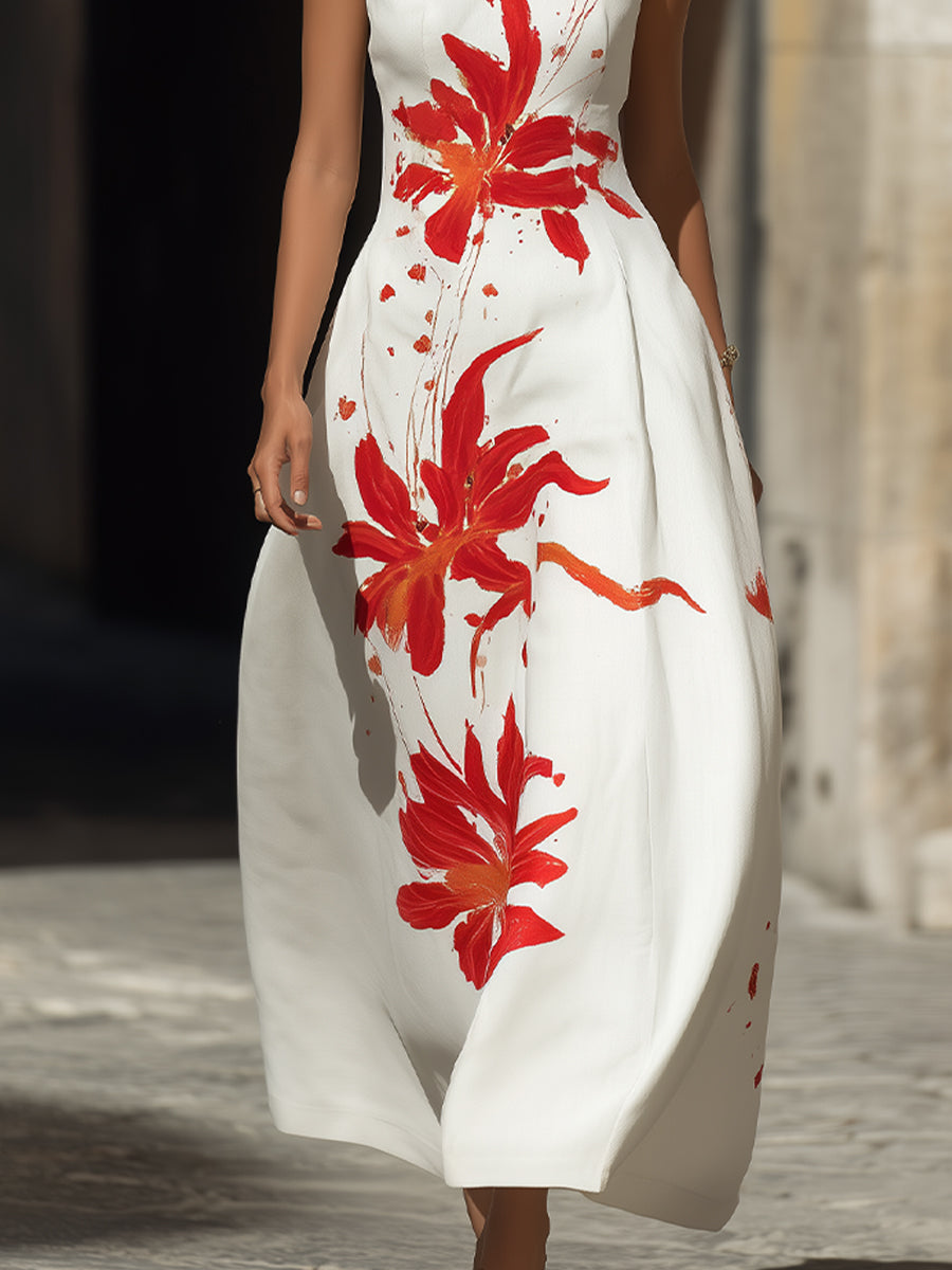 Morgan & Brooke | Red Mandarin-Collar Floral Maxi Dress
