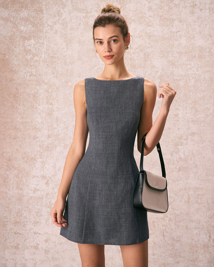 Morgan and Brooke | Grey Boat Neck Sleeveless Mini Dress