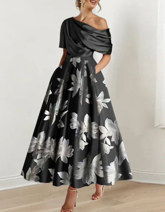 Morgan & Brooke | White Satin Off-Shoulder Bodycon Printed Dress