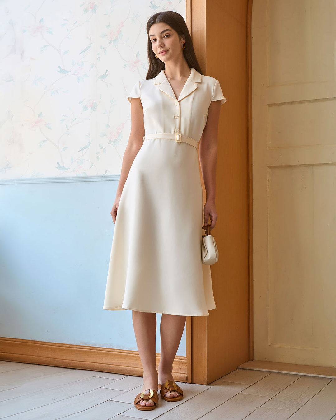 Morgan and Brooke | Beige Lapel Cap Sleeve Midi Dress
