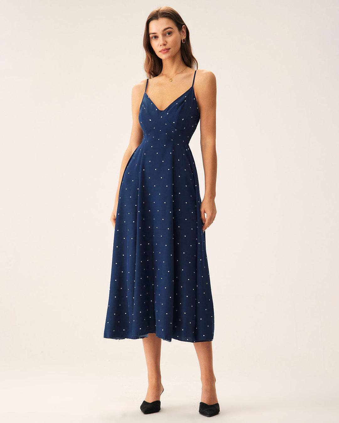 Morgan and Brooke | Navy Polka Dot Midi Dress