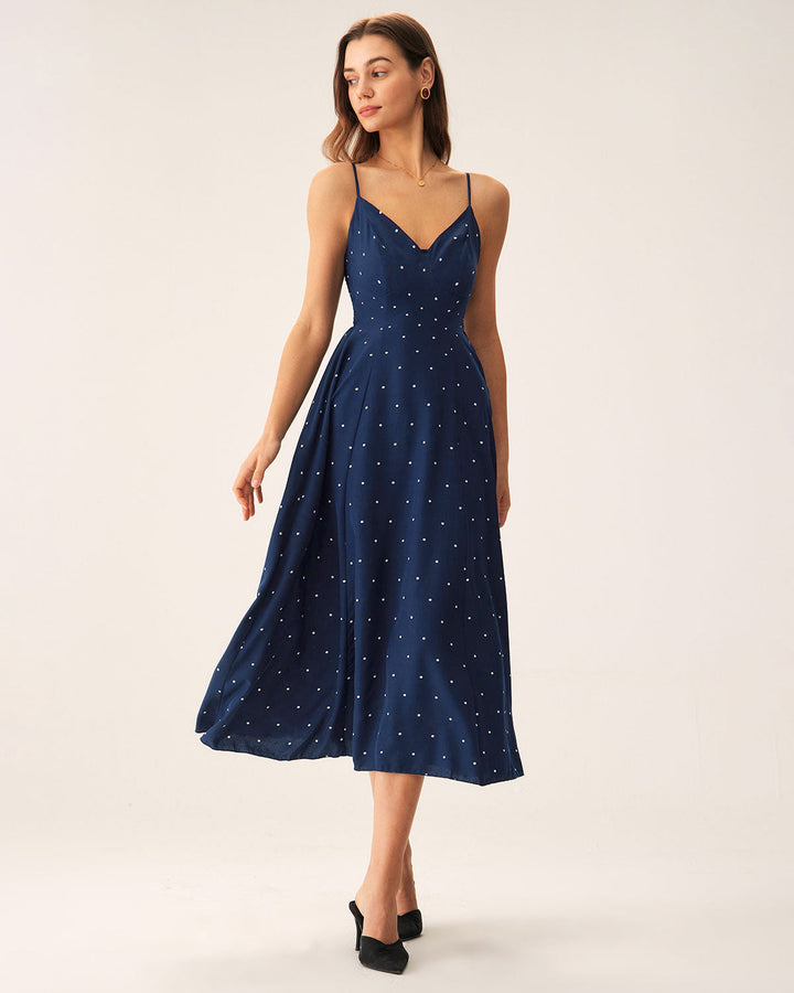 Morgan and Brooke | Navy Polka Dot Midi Dress