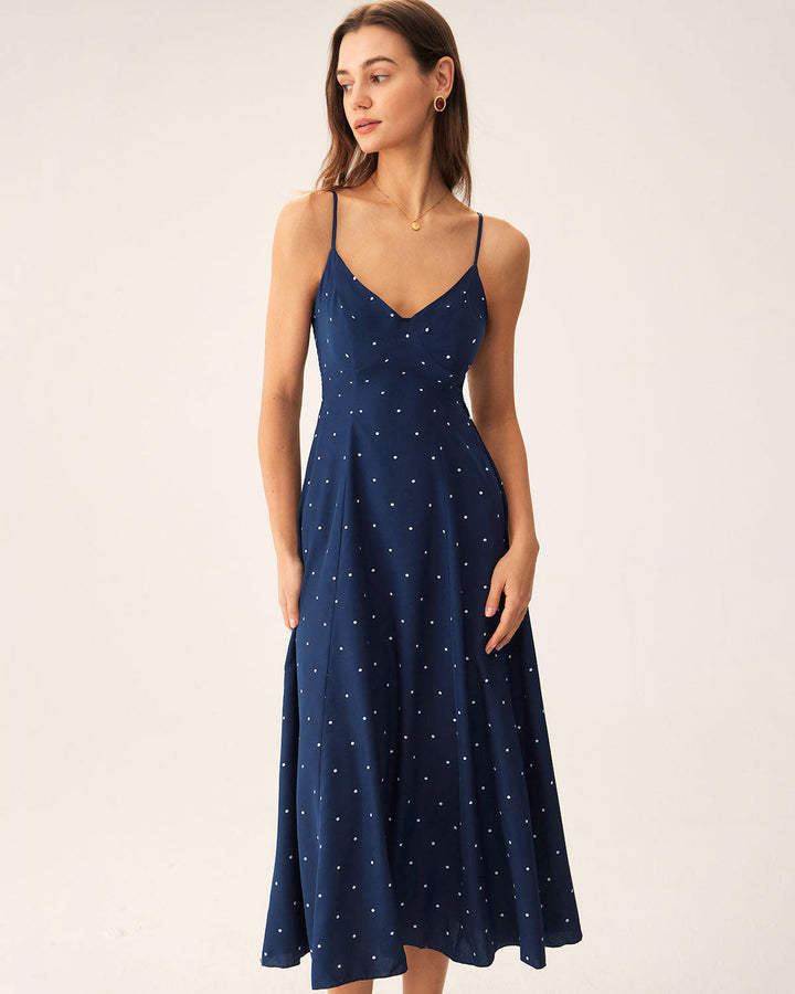 Morgan and Brooke | Navy Polka Dot Midi Dress