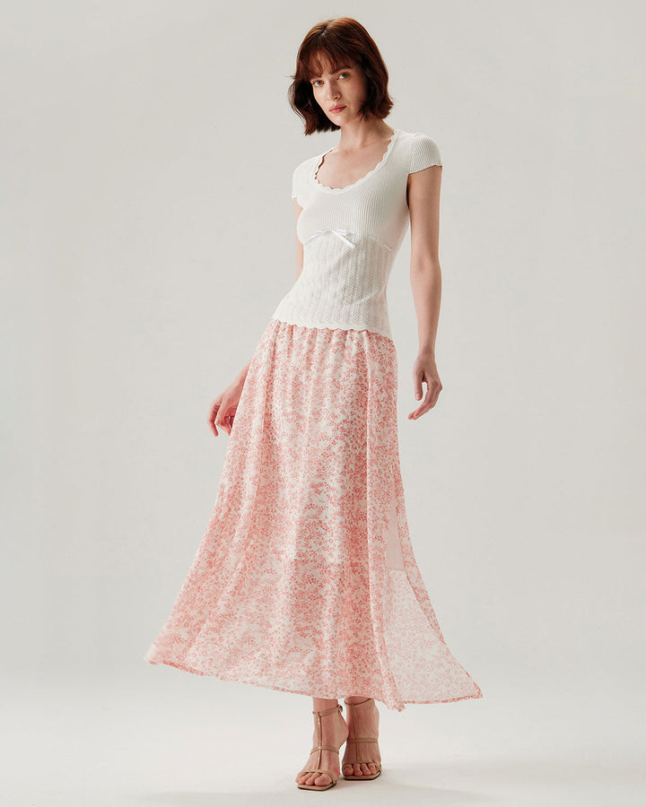 Morgan and Brooke | Floral Elastic Waist Flared Skirt for Women in Pink