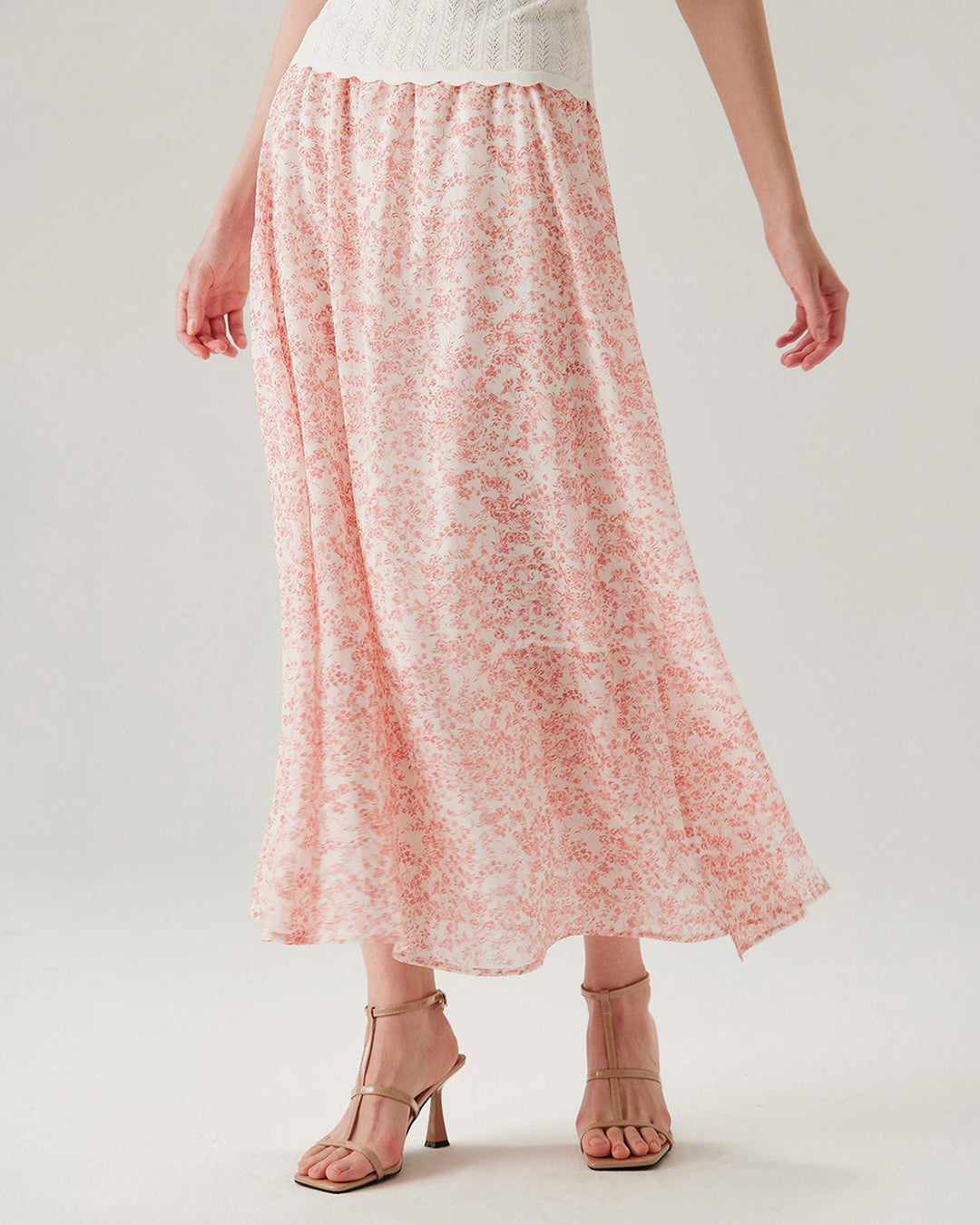 Morgan and Brooke | Floral Elastic Waist Flared Skirt for Women in Pink