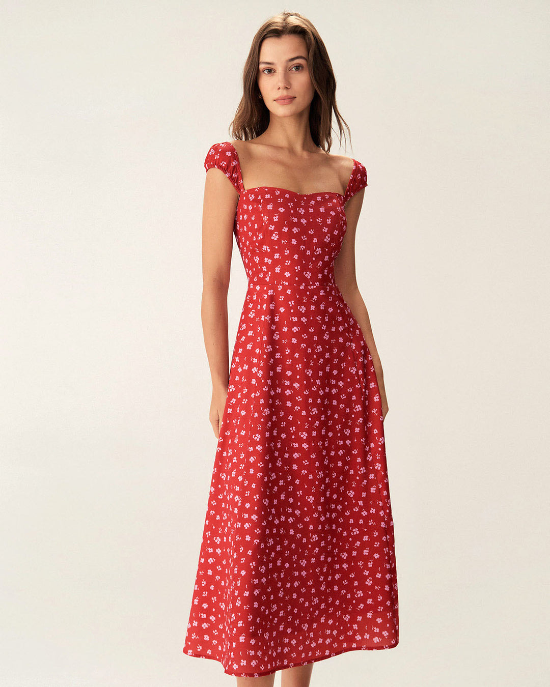 Morgan and Brooke | Floral Sweetheart Neck Cap Sleeve Midi Dress