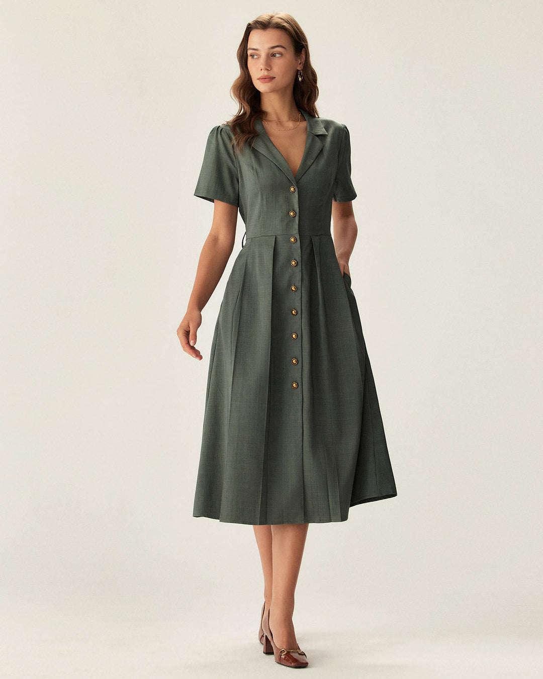 Morgan and Brooke | V Neck Pleated Button Midi Dress for Women in Green