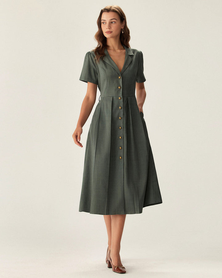 Morgan and Brooke | V Neck Pleated Button Midi Dress for Women in Green