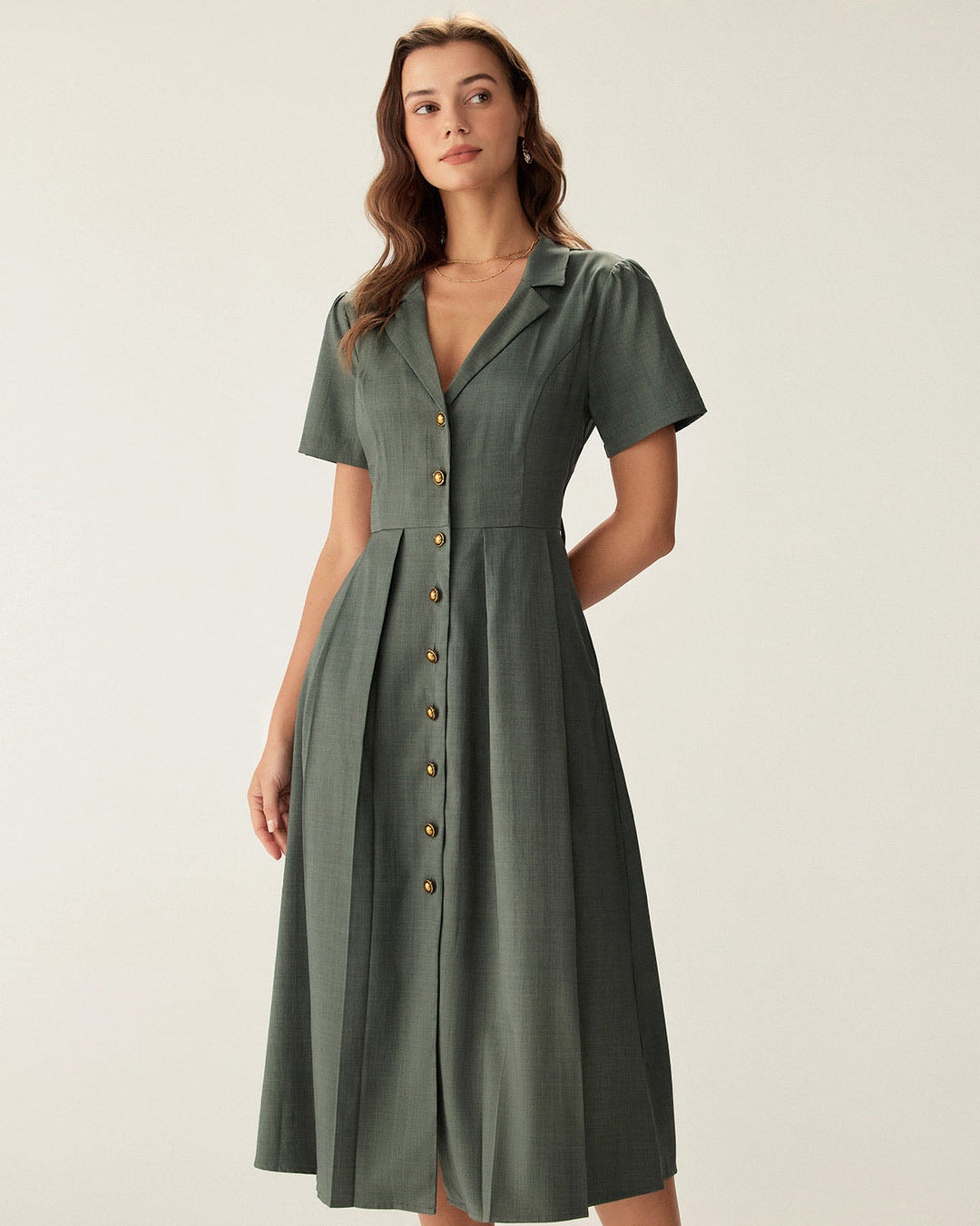 Morgan and Brooke | V Neck Pleated Button Midi Dress for Women in Green