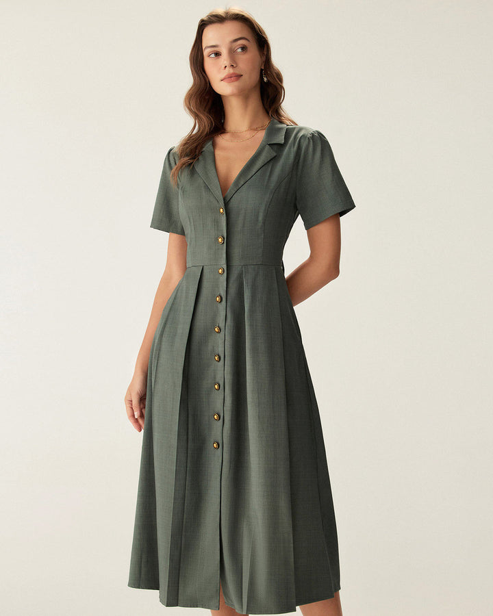 Morgan and Brooke | V Neck Pleated Button Midi Dress for Women in Green