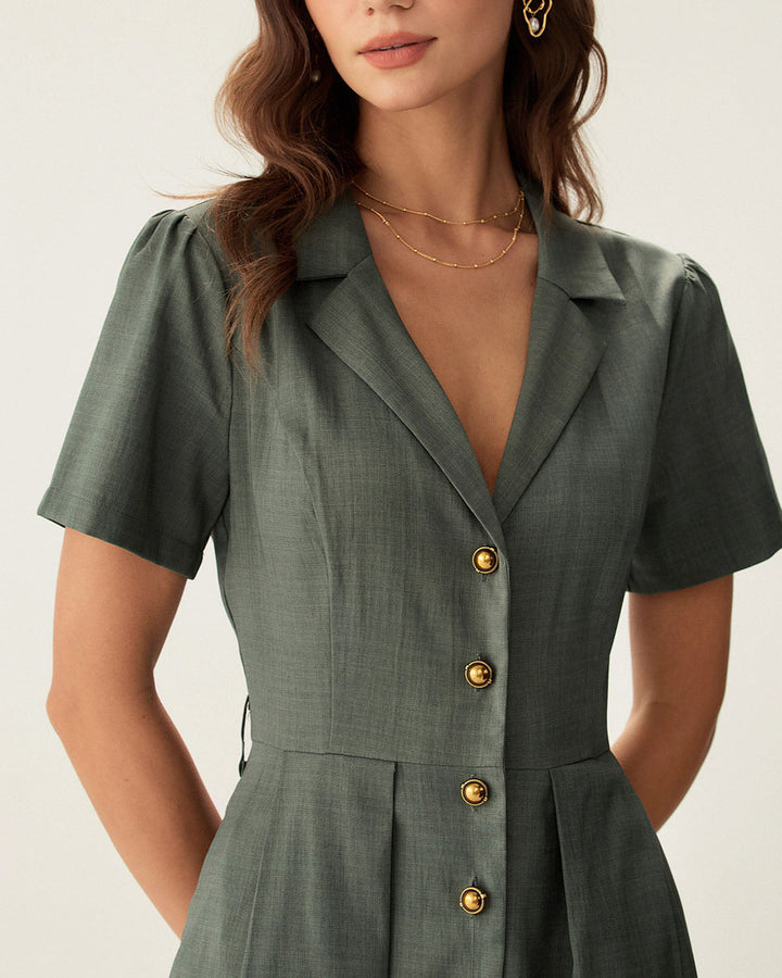 Morgan and Brooke | V Neck Pleated Button Midi Dress for Women in Green