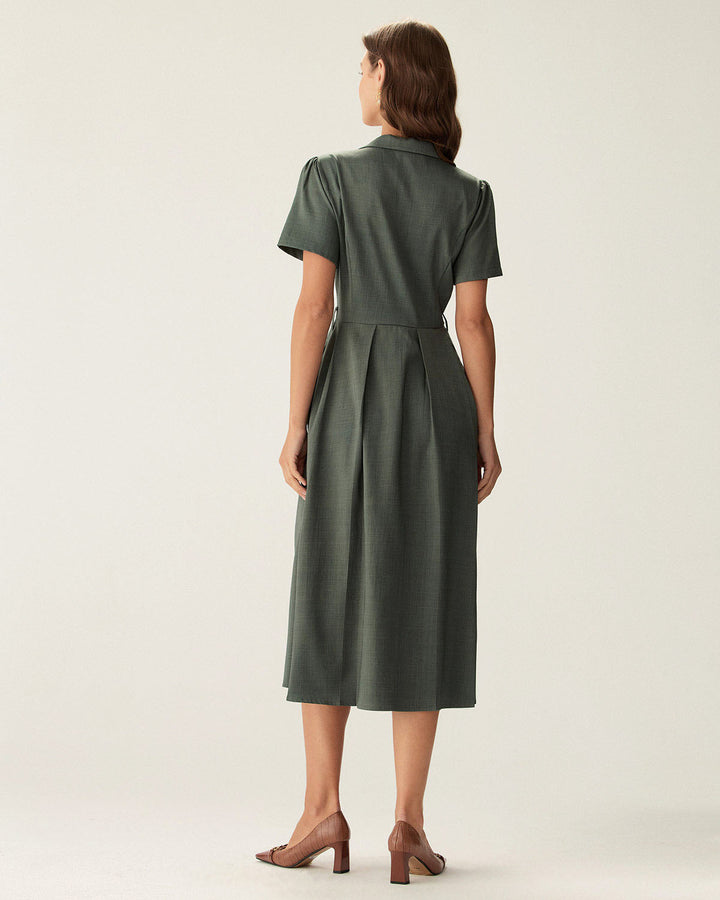 Morgan and Brooke | V Neck Pleated Button Midi Dress for Women in Green