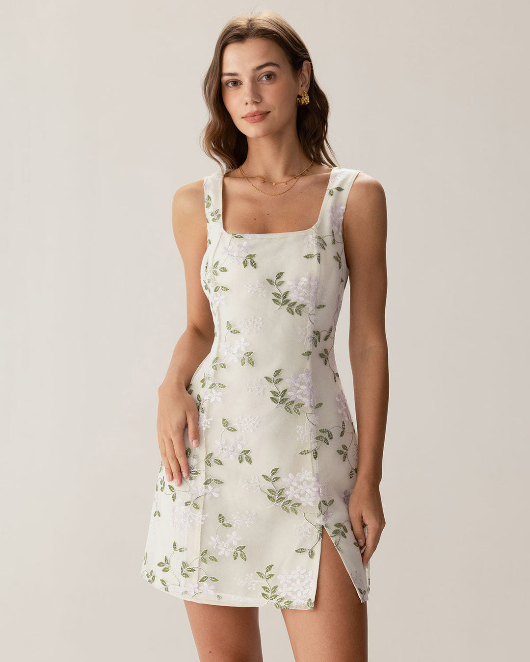 Morgan and Brooke | Beige Square Neck Embroidered Slip Mini Dress