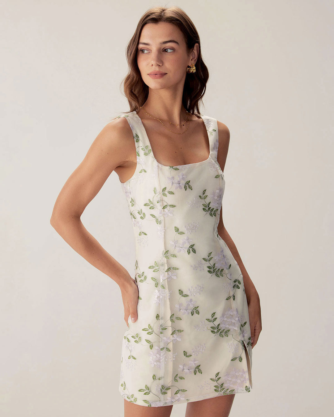 Morgan and Brooke | Beige Square Neck Embroidered Slip Mini Dress