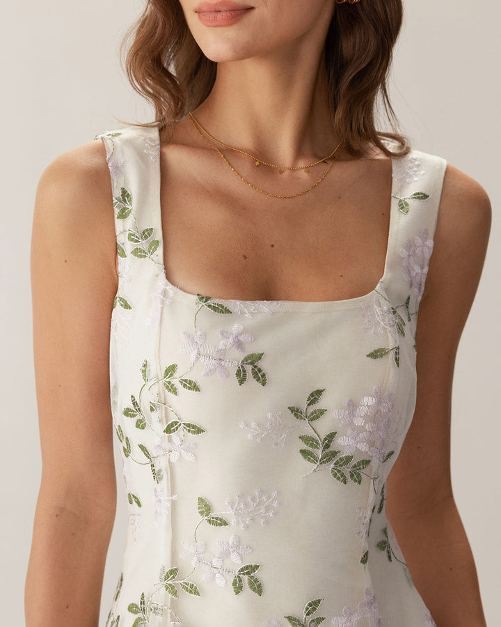 Morgan and Brooke | Beige Square Neck Embroidered Slip Mini Dress