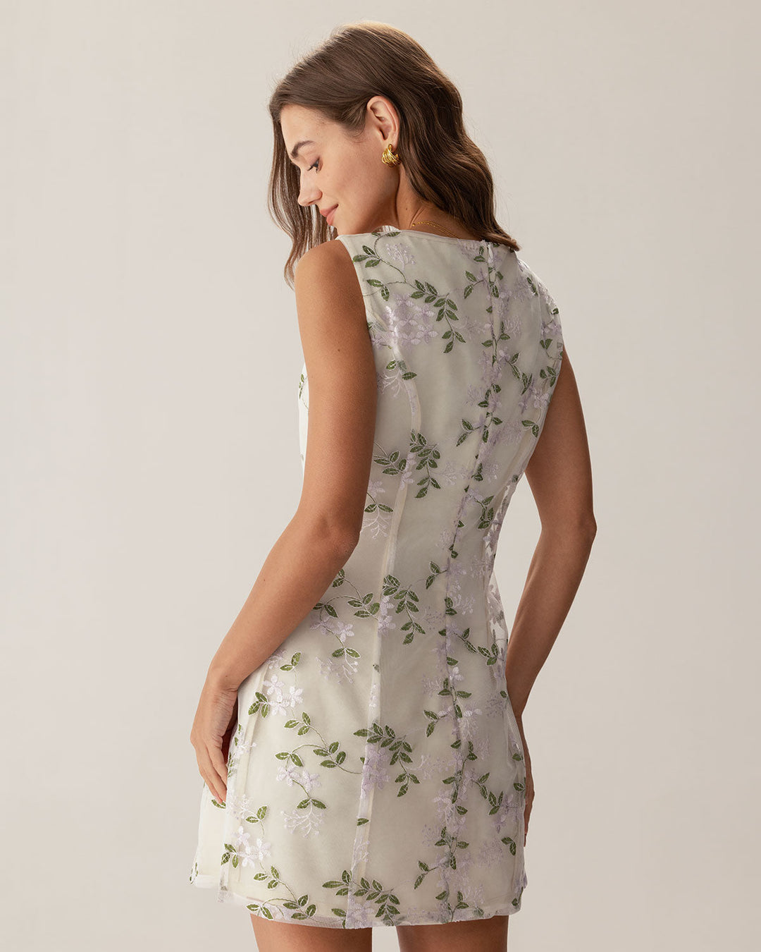 Morgan and Brooke | Beige Square Neck Embroidered Slip Mini Dress