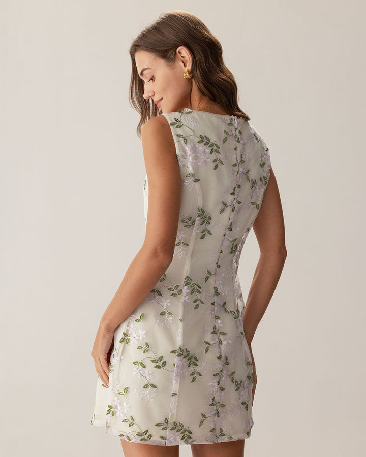 Morgan and Brooke | Beige Square Neck Embroidered Slip Mini Dress